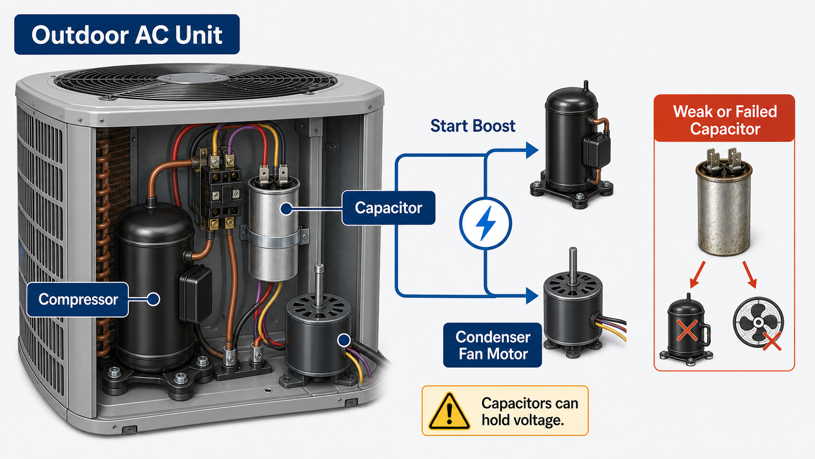 Diagram showing a weak or failed AC capacitor connected to the compressor and condenser fan motor in an outdoor AC unit