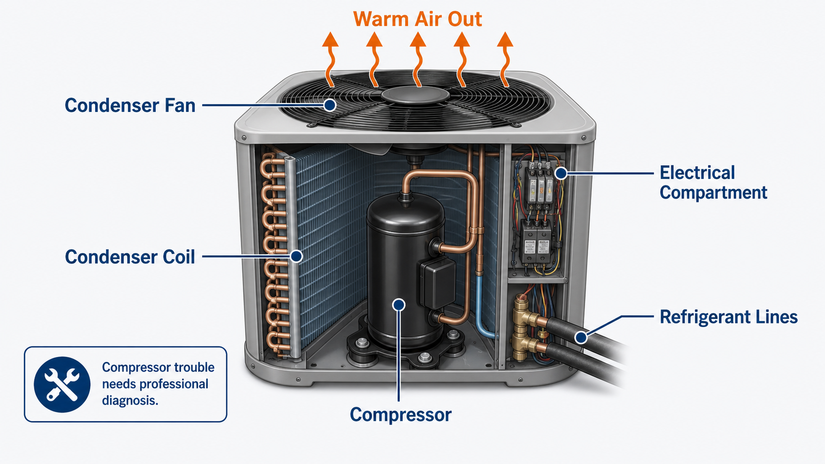 Cutaway diagram of an outdoor AC unit showing the compressor, condenser fan, condenser coil, electrical compartment, refrigerant lines, and warm air out