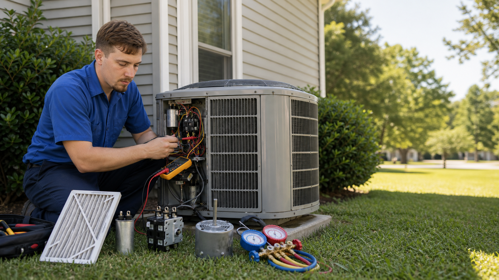 Hillside HVAC technician diagnosing common air conditioner failures at an outdoor AC unit