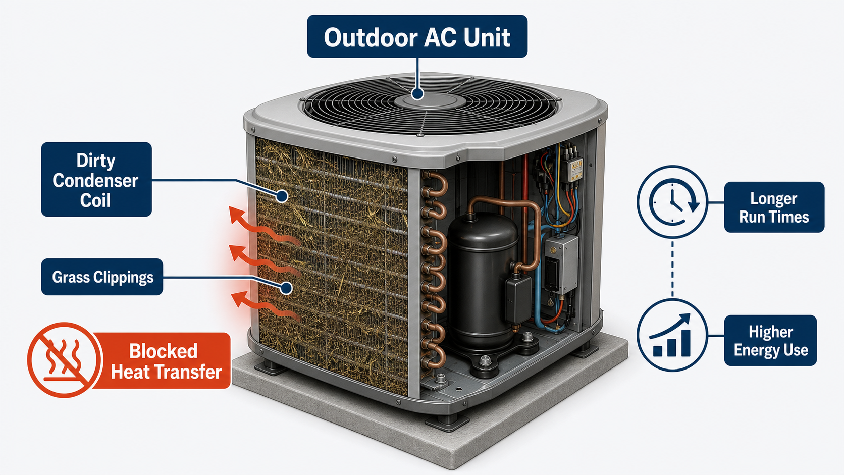 Diagram showing grass clippings and debris blocking heat transfer through a dirty outdoor AC condenser coil