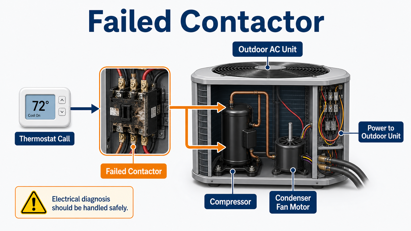 Diagram showing a failed AC contactor preventing a thermostat call from properly powering the outdoor AC unit compressor and condenser fan motor