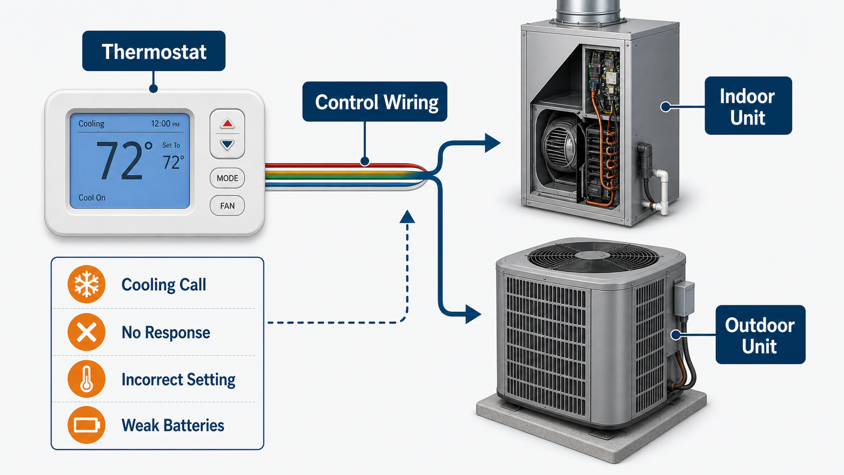 Diagram showing thermostat control wiring between a thermostat, indoor unit, and outdoor unit with cooling call, no response, incorrect setting, and weak batteries