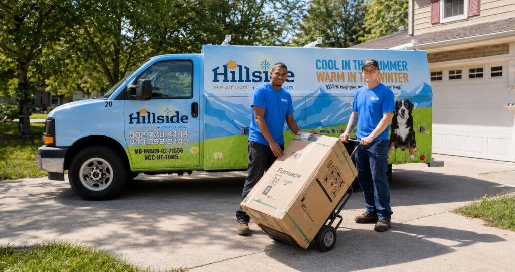 Hillside technicians delivering furnace and A/C equipment for a home installation