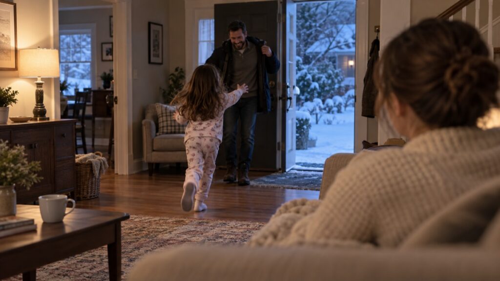 Illustration of a girl in pajamas running toward her smiling father as he comes home from the snowy cold, with her mother watching